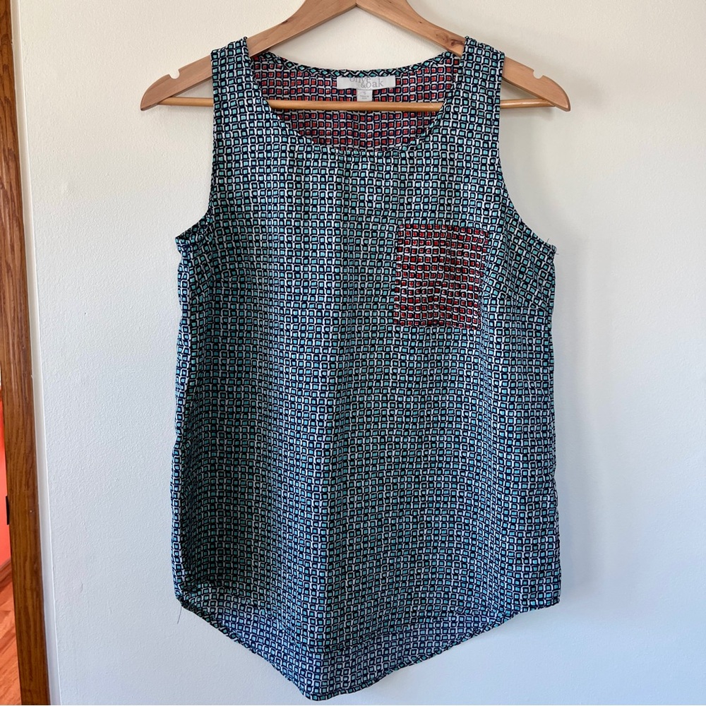 Red & Teal Graphic / Geometric Print Sleeveless Satin Tank Top sz Small
